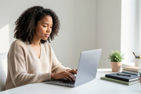 diverse young woman working intently on modern open laptop in bright minimalist home studio natural daylight professional lifestyle setting for business marketing
